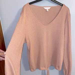 Pink metallic (shiny strands of fabric) long sleeve top with tie waist